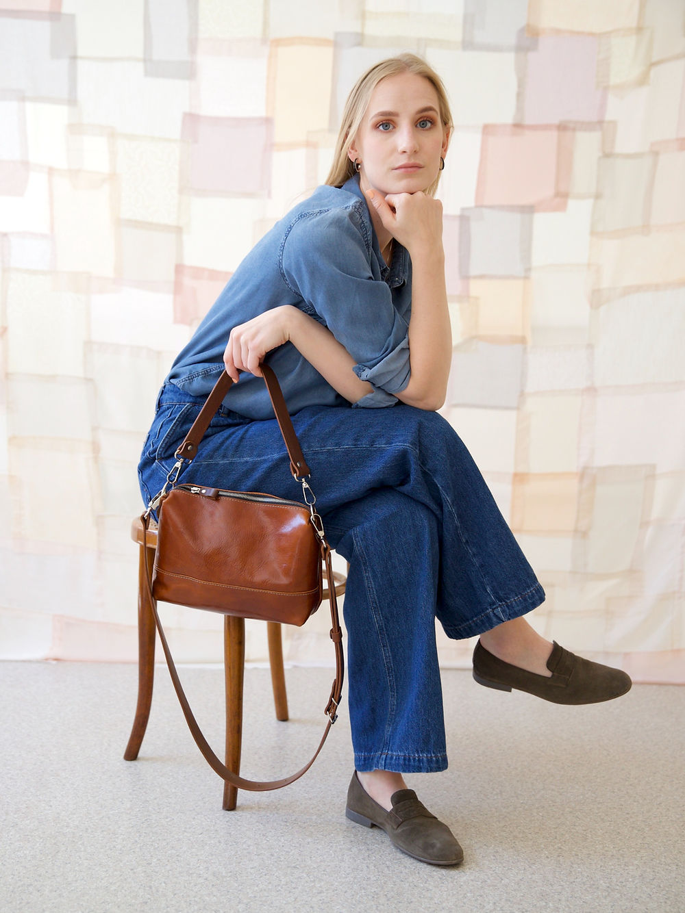 ROBIN Leather Handbag with Two Handles - Ginger Brown