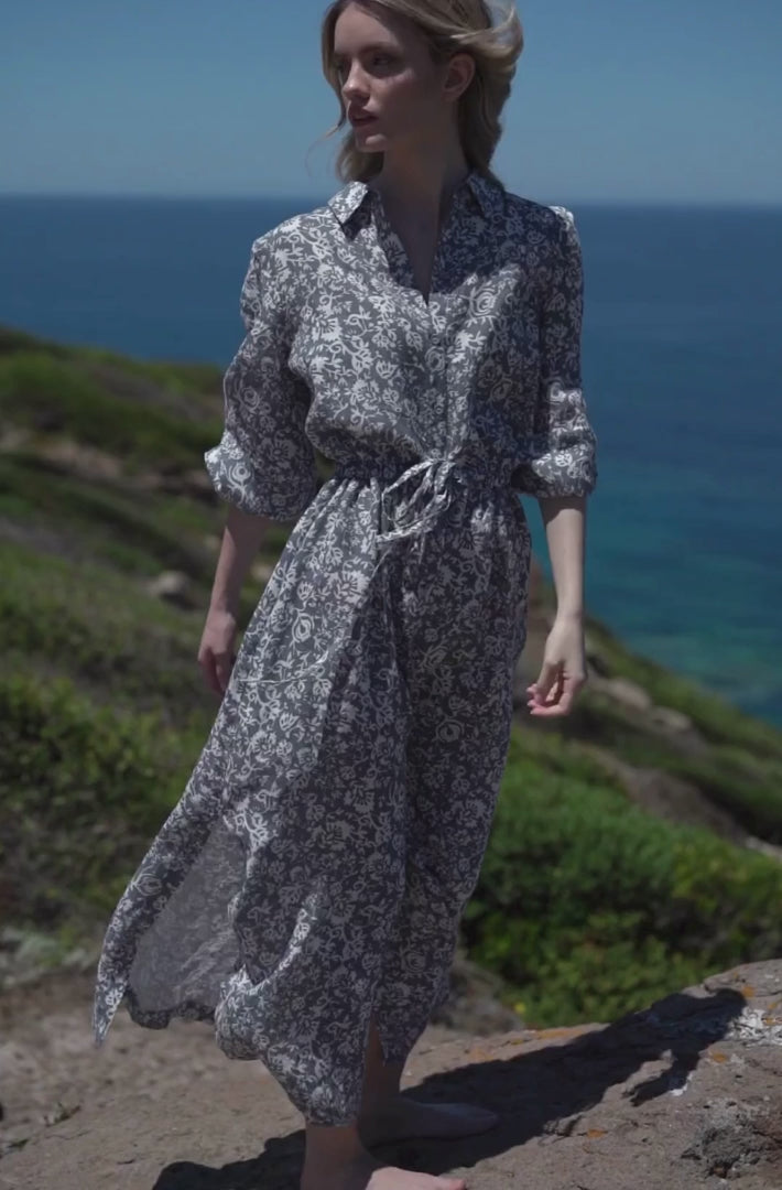 Linen Rhapsody Dress - Porcelain Flowers